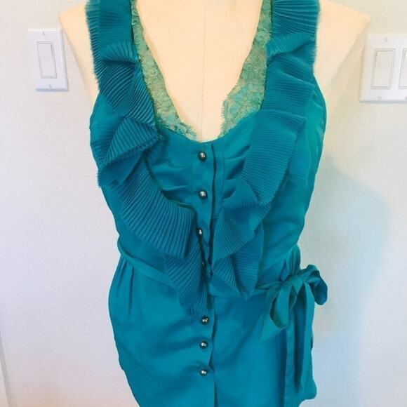 Layered Ruffle Teal Button up wrap sleeveless lightweight Blouse womens small - Picture 6 of 6